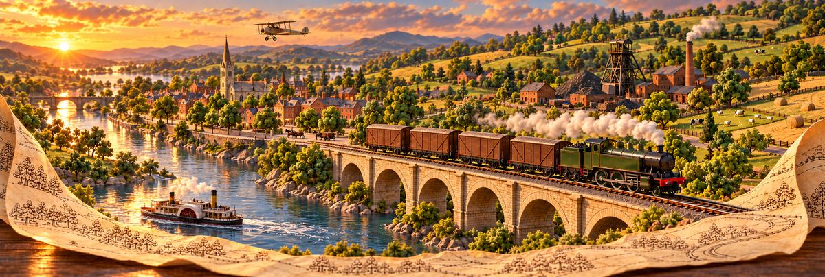 Key art, 1920: a steam goods train crossing a stone viaduct below a mining town.