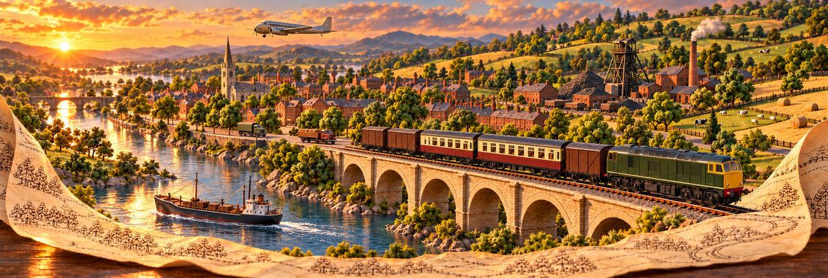 Key art, 1950: an early diesel with mixed stock on the same viaduct, the town larger.