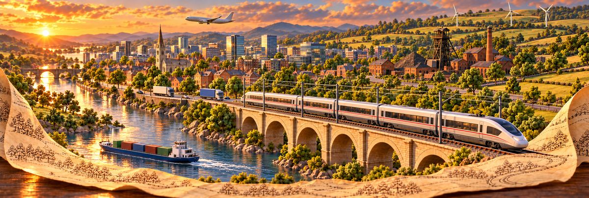 Key art, the modern era: a high-speed electric train on the viaduct beside a grown city.