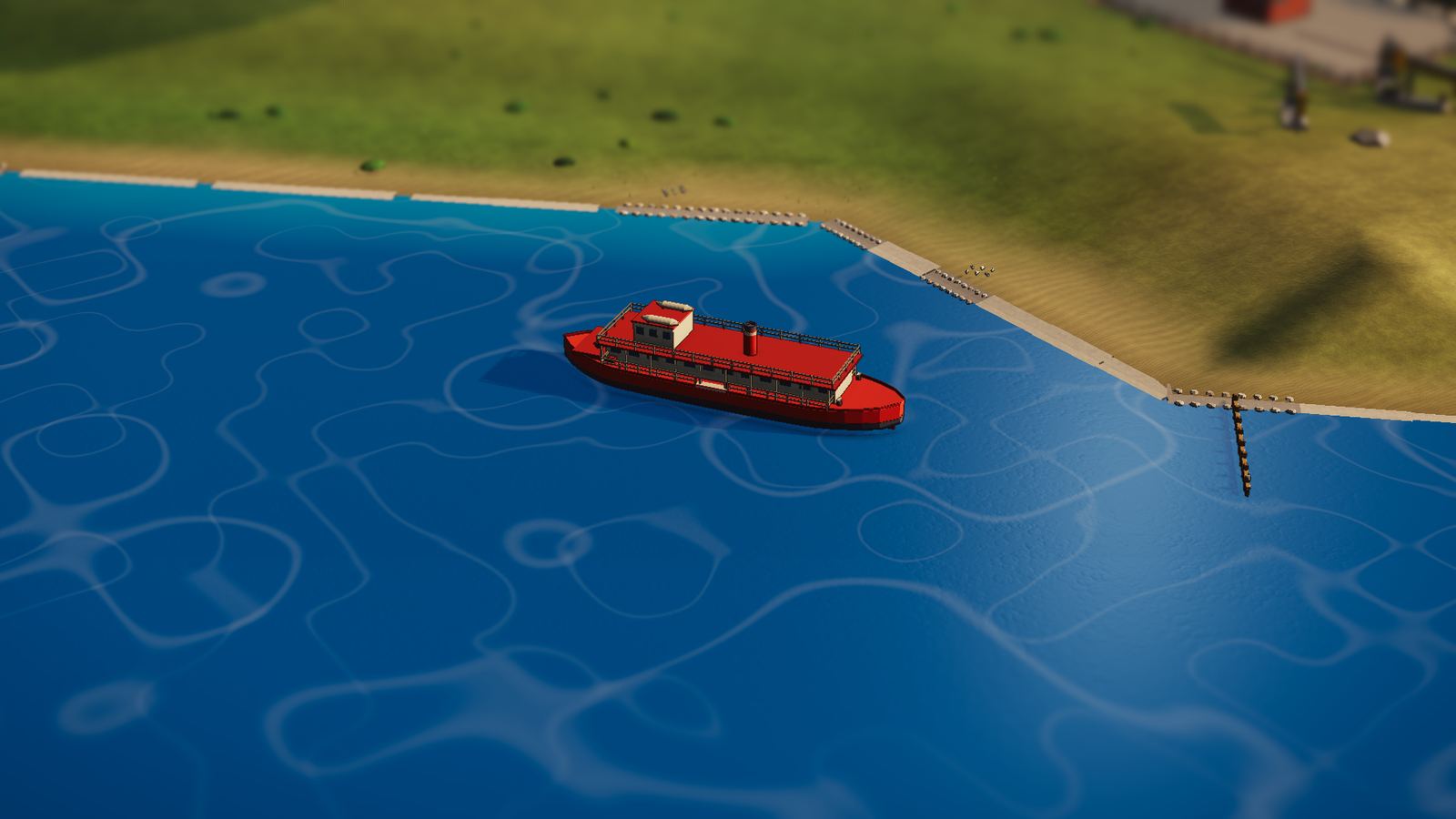 A red ferry crossing open water toward a harbour wall.